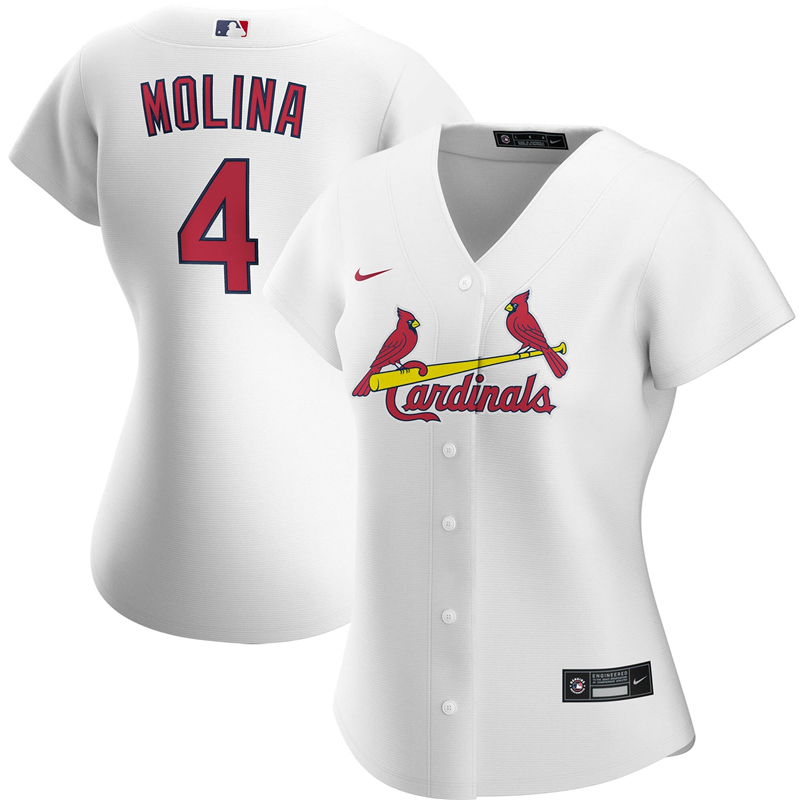 2020 MLB Women St. Louis Cardinals #4 Yadier Molina Nike White Home 2020 Replica Player Jersey 1